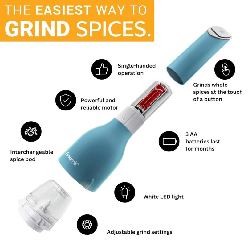 FinaMill Blue Battery Operated Spice Grinder with 2 Interchangeable Pods