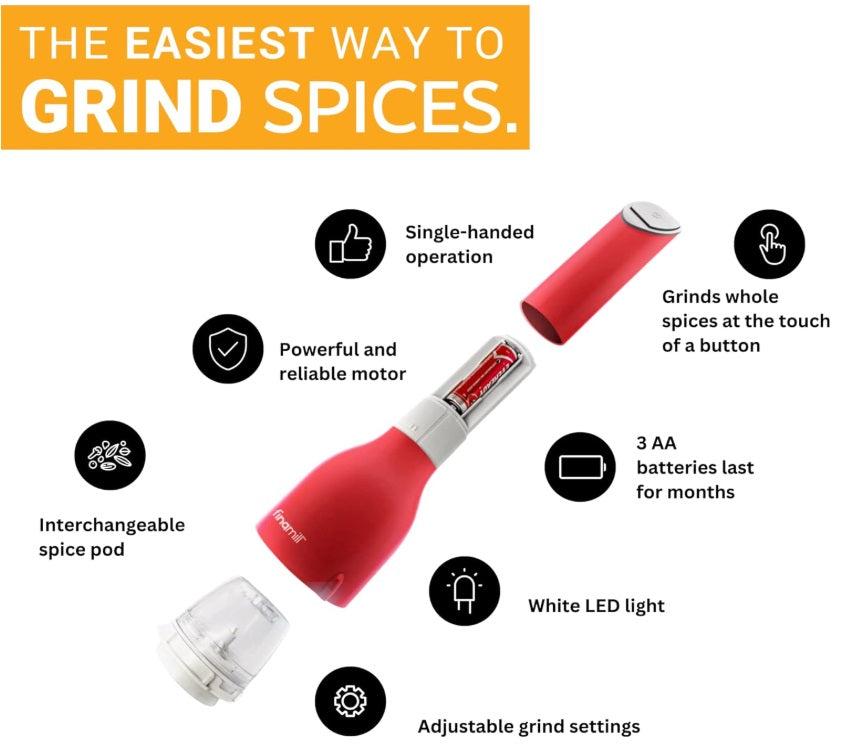 FinaMill White Battery Operated Spice Grinder with 2 Interchangeable Pods