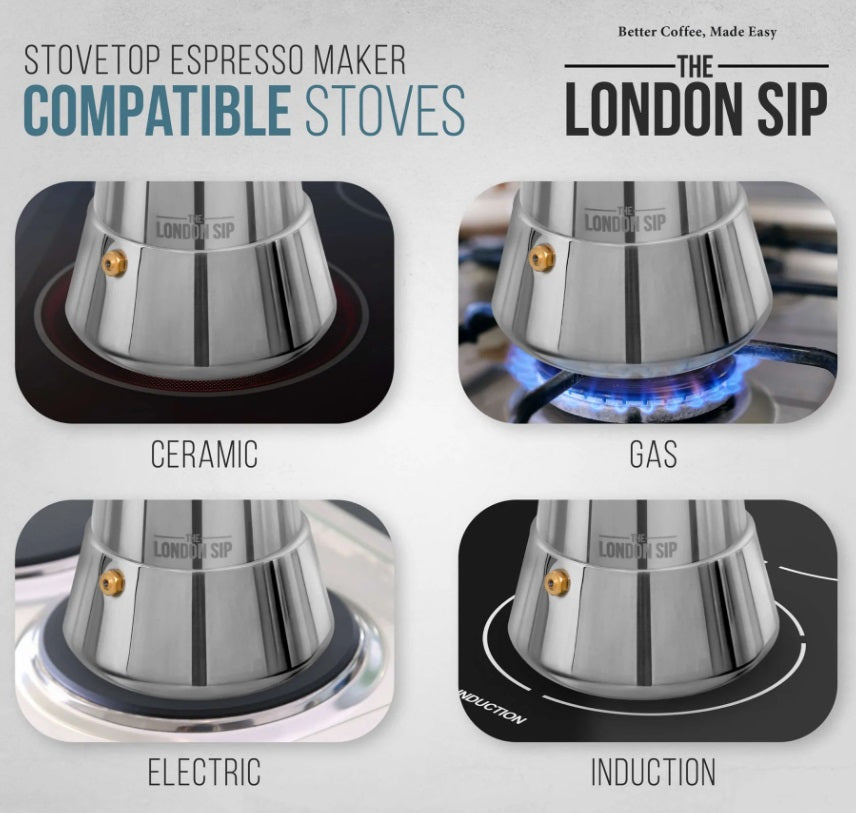 London Sip Stainless Steel Espresso Maker 6-Cup Silver