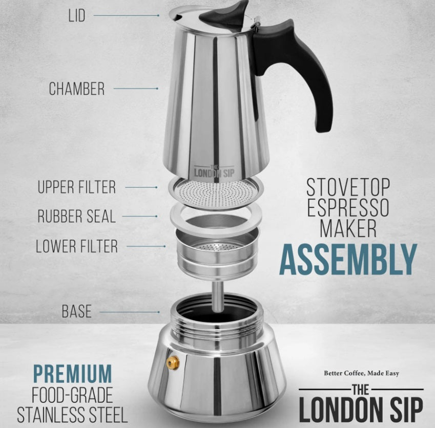 London Sip Stainless Steel Espresso Maker 10-Cup Black