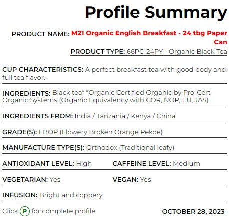 Metropolitan Tea M21 Organic English Breakfast Tea