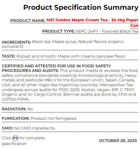 Metropolitan Tea M21 Golden Maple Cream Tea Can Of 24 Bags