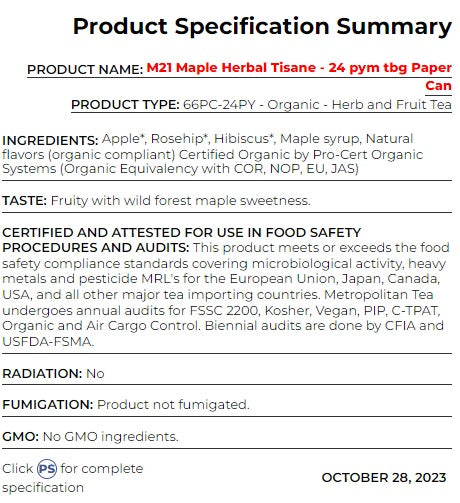 Metropolitan Tea M21 Maple Herbal Tisane Tea Can Of 24 Bags