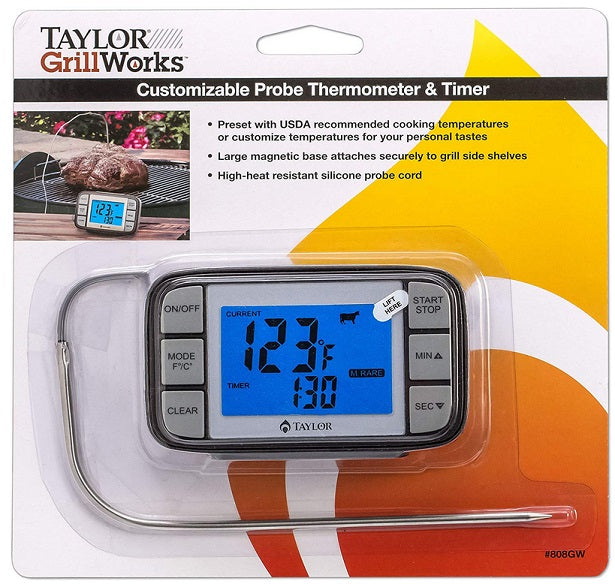 Taylor Customizable Grill Probe Thermometer with Timer